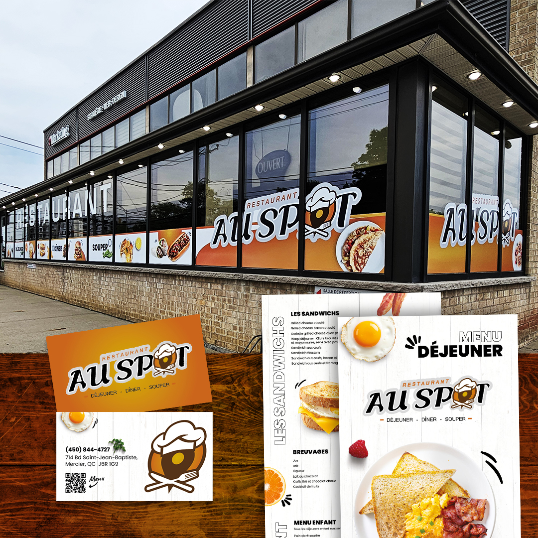 Lettrage, cartes d'affaires et menu Restaurant Au Spot